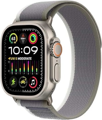 Picture of Apple Watch Ultra 2 [GPS + Cellular 49mm] Smartwatch with Rugged Titanium Case & Green/Grey Trail Loop M/L (Renewed)