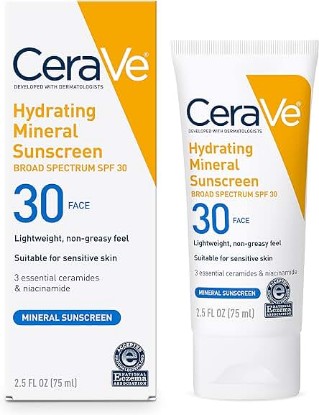 Picture of CeraVe 100% Mineral Sunscreen SPF 30 | Face sunscreen With Zinc Oxide & Titanium Dioxide | Hyaluronic Acid + Niacinamide + Ceramides | Oil Free Sunscreen For Face | Travel Size Sunscreen 2.5 oz