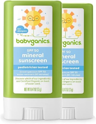 Picture of Babyganics SPF 50 Travel Size Baby Sunscreen Stick UVA UVB Protection | Water Resistant |Non Allergenic, 2 Pack