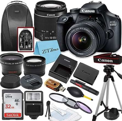 Picture of Canon EOS T100/4000D DSLR Camera with EF-S 18-55mm Lens, SanDisk Memory Card, Tripod, Flash, Backpack + ZeeTech Accessory Bundle (Canon 18-55mm, SanDisk 32GB) (Renewed)