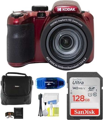 Picture of Kodak PIXPRO AZ425 Digital Camera Bundle, Includes: SanDisk 128GB SDXC Memory Card, Small Camera Bag, SD Card Reader and More (6 Items) (Red)