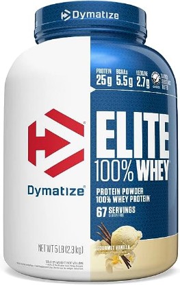 Picture of Dymatize Elite 100% Whey Protein Powder, 25g Protein, 5.5g BCAAs & 2.7g L-Leucine, Quick Absorbing & Fast Digesting for Optimal Muscle Recovery, Gourmet Vanilla, 5 Pound, 67 Servings