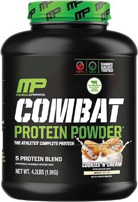 Picture of MusclePharm Combat Protein Powder, Cookies ‘N’ Cream Flavor, Fuels Muscles for Productive Workouts, 5 Protein Sources including Whey Protein Isolate & Egg Albumin, Gluten Free, 4 lb, 52 Servings