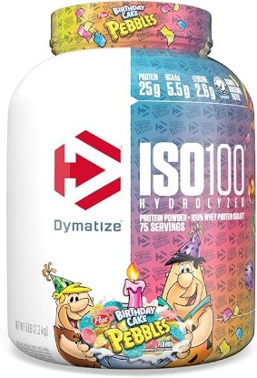 Picture of Dymatize ISO100 Hydrolyzed Protein Powder, 100% Whey Isolate Protein, 25g of Protein, 5.5g BCAAs, Gluten Free, Fast Absorbing, Easy Digesting, Birthday Cake Pebbles, 5 Pound