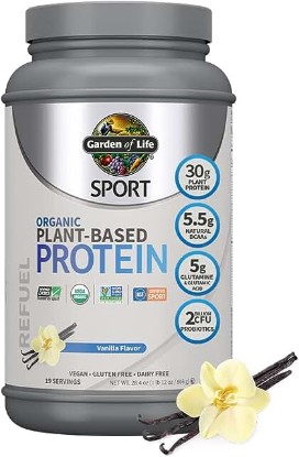 Picture of Organic Vegan Sport Protein Powder, Vanilla - Probiotics, BCAAs, 30g Plant Protein for Premium Post Workout Recovery - NSF Certified, Keto, Gluten & Dairy Free, Non GMO - Garden of Life - 19 Servings