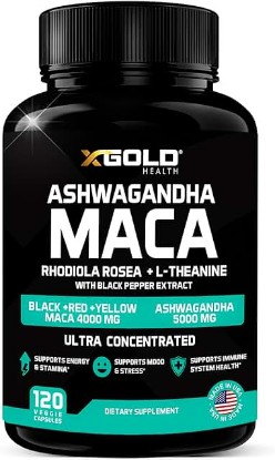 Picture of Ashwagandha 5,000mg + Maca Root Black, Red, Yellow 4,000mg, Rhodiola & L-Theanine: 30:1 Extract Ashwagandha Capsules, 20:1 Extract Maca Root Capsules - Supplement for Men and Women