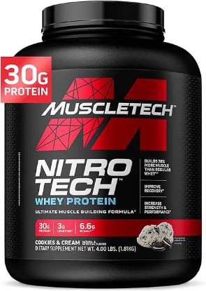 Picture of Muscletech Whey Protein Powder (Cookies & Cream, 4 Pound) - Nitro-Tech Muscle Building Formula with Whey Protein Isolate & Peptides - 30g of Protein, 3g of Creatine & 6.8g of BCAA