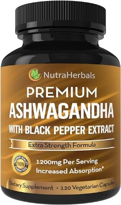 Picture of Ashwagandha Supplement Made with Premium Ashwaganda Root Powder 1200mg with Black Pepper Extract for Increased Absorption - 120 Vegi Capsules