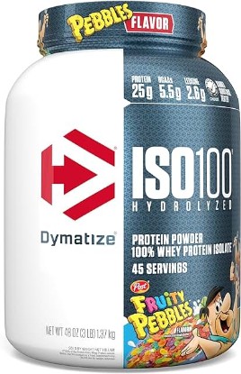 Picture of Dymatize ISO100 Hydrolyzed Protein Powder, 100% Whey Isolate, 25g of Protein, 5.5g BCAAs, Gluten Free, Fast Absorbing, Easy Digesting, Fruity Pebbles, 3 Pound