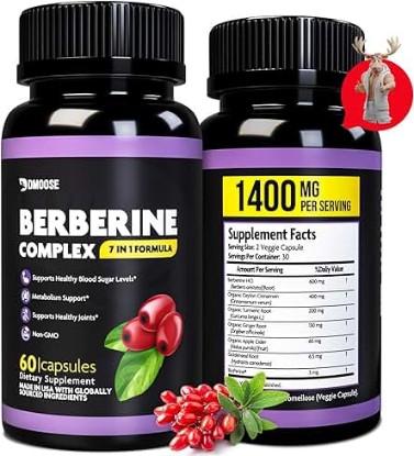 Picture of Berberine Supplement HCL Complex, 7 in 1 Organic Blend with Ceylon Cinnamon, Turmeric, Ginger, Apple Cider, BioPerine, Goldenseal (1400mg) - Supports Glucose Metabolism & Immune Function