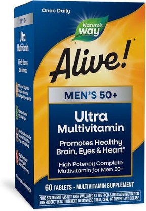 Picture of Nature's Way Alive! Men’s 50+ Daily Ultra Multivitamin, High Potency Formula, Supports Healthy Brain, Eyes & Heart*, with Methlyated B12, Gluten-Free, 60 Tablets (Packaging May Vary)