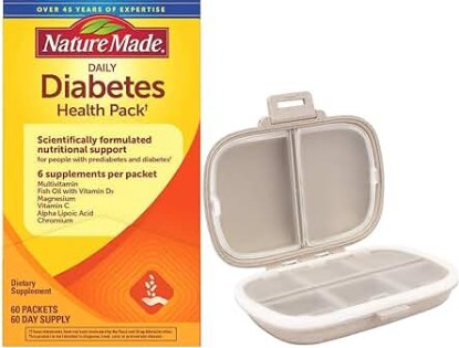 Picture of Nature Made Diabetes Health Pack, 60 Packets, Bundle with a Travel Pill Organizer, 8 Compartments Portable Pill Case, Color Khaki