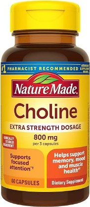 Picture of Nature Made Extra Strength Dosage Choline Supplements 800 Mg Per 3 Capsules, Brain Health, Mood, Muscle & Liver Support, Vegetarian, 60 Capsules, 20 Day Supply