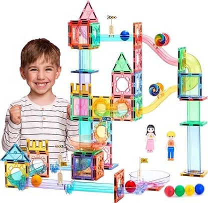 Picture of Smart Toys 109 PCS Marble Run Magnetic Tiles Building Blocks Marbles Race Track Magnets Toys Toy Play Set STEM Building & Learning Educational Construction Maze Game Kit Boys Girls Age 3 4 5 6 7 8+