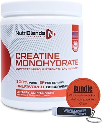 Picture of Worldwide Nutrition Bundle: NutriBlends Creatine Monohydrate Powder 100% Pure - Unflavored, Vegan, Keto Friendly - 300 Grams Optimum Micronized Creatine Powder and Multi-Purpose Key Chain