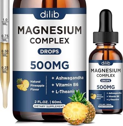 Picture of Triple Magnesium Complex Supplement-Magnesium Glycinate, Citrate, Malate Liquid Drops 500mg with Ashwagandha, L-Theanine, Vitamin B6 for Calm, Stress Relief, Sleep, Muscle Support-Pineapple Flavor