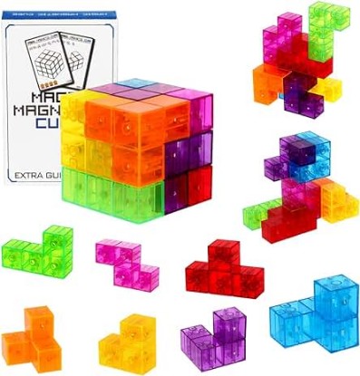 Picture of Magnetic Building Blocks Magic Magnetic 3D Puzzle Cubes, Set of 7 Multi Shapes Magnetic Blocks with 54 Guide Cards, Intelligence Developing and Stress Relief Fidget Toys