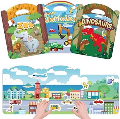 Picture of Portable Jelly Sticker Book for Kids Reusable Stickers Book for Toddlers Preschool Learning Activities Travel Toys Kids Ages 3+ Birthday Gifts, Dinosaur Vehicle and Animal Stickers