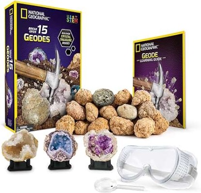 Picture of NATIONAL GEOGRAPHIC Break Open 15 Premium Geodes - with Goggles, Detailed Learning Guide, 3 Display Stands, Great STEM Science Toy & Educational Gift