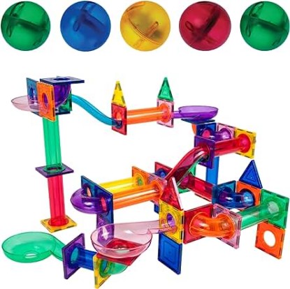 Picture of PicassoTiles Marble Run 100 Piece Magnetic Tile Race Track Toy Play Set STEM Building & Learning Educational Magnet Construction Child Brain Development Kit Boys Girls Age 3 4 5 6 7 8+ Years Old Toys