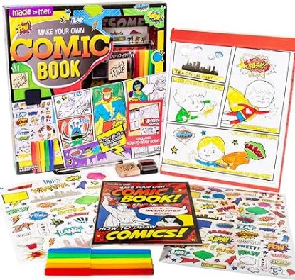 Picture of Made By Me Make Your Own Comic Book Storytelling Kit for Kids, 15-Page, Hardcover, How-to Draw Instructional Guide, Comic Inspired Stickers & Stamp, Holographic Stickers, 5 Vibrant Markers