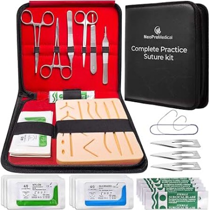 Picture of Complete Sterile Suture Practice Kit for First Aid Field Emergency and Medical Students Training - Including Large Silicone Suture Pad and Sterilized Suture Tools Threads and Needles