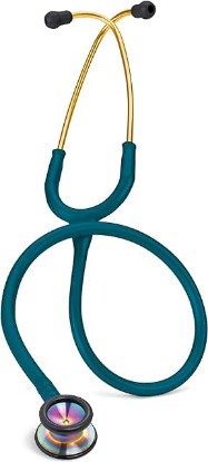 Picture of 3M Littmann Classic II Pediatric Stethoscope, 2153, Stainless Steel Rainbow-Finish Chestpiece, 28" Caribbean Blue Tube, Brass Stem, and Headset