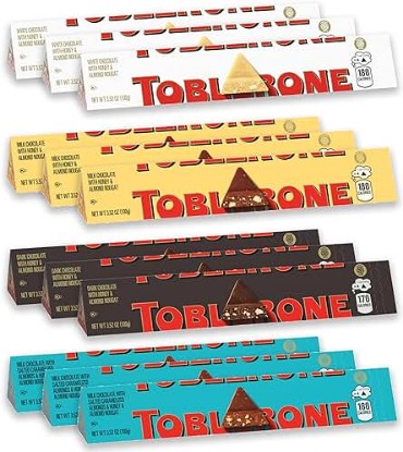 Picture of Toblerone Chocolate Variety Pack (Milk Chocolate, Dark Chocolate, White Chocolate, & Milk Chocolate with Salted Caramelized Almonds), 12 - 3.52 oz Bars