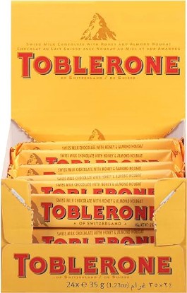 Picture of Toblerone Swiss Milk Chocolate with Honey & Almond Nougat, Valentines Day Chocolate Candy, 24 - 1.23 oz Bars