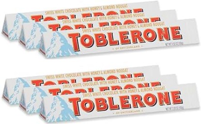 Picture of TOBLERONE Swiss Chocolate Candy With Honey & Almond Nougat - Milk - White - Dark - Fruit & Nut - Perfect For Holidays, Valentines Day, Parties, Gifts & More! (White Chocolate, (6 Count)), Multi