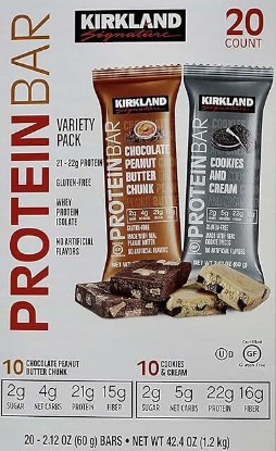 Picture of Kirkland Signature Protein Bars Chocolate Peanut Butter Chunk/ Cookies & Cream Flavor, 42.4 Oz, 20 Count