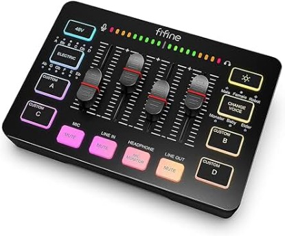 Picture of FIFINE Gaming Audio Mixer, Streaming RGB PC Mixer with XLR Microphone Interface, Individual Control, Volume Fader, Mute Button, 48V Phantom Power, for Podcast/Recording/Vocal/Game Voice-AmpliGame SC3