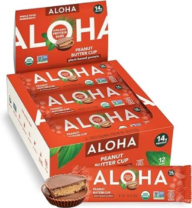 Picture of ALOHA Organic Plant Based Protein Bars - Peanut Butter Cup Bar - 12 Bars, Vegan, Low Sugar, Gluten-Free, Low Carb, Non-GMO, No Stevia, No Erythritol