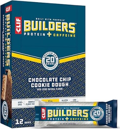 Picture of CLIF Builders + Caffeine - Chocolate Chip Cookie Dough Flavor - Protein Bars - Gluten-Free - Non-GMO - Low Glycemic - 20g Protein - 2.4 oz. (12 Count)