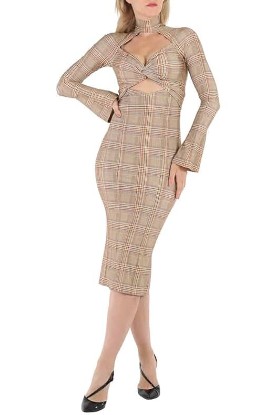 Picture of BURBERRY Ladies Dark Honey Cut-Out Checked Midi Dress, Brand Size 2 (US Size 0)