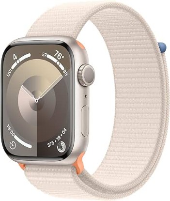 Picture of Apple Watch Series 9 [GPS 45mm] Smartwatch with Starlight Aluminum Case with Starlight Sport Loop One Size. Fitness Tracker, ECG Apps, Always-On Retina Display, Carbon Neutral