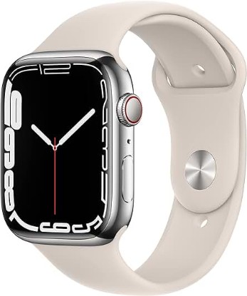 Picture of Apple Watch Series 7 [GPS + Cellular 45mm] Smart Watch w/Silver Stainless Steel Case with Starlight Sport Band. Fitness Tracker, Blood Oxygen & ECG Apps, Always-On Retina Display, Water Resistant