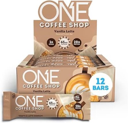 Picture of ONE Coffee Shop Protein Bars + Caffeine, Vanilla Latte, Gluten Free with 20g Protein and only1g Sugar, Guilt-Free Snacking for High Protein Diets, 2.12 oz (12 Count)