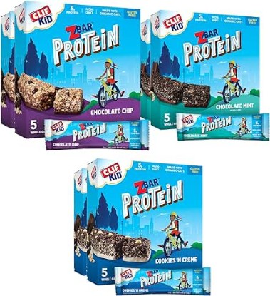 Picture of CLIF Kid Zbar Protein - Chocolate Chip, Chocolate Mint, and Cookies 'n Creme - Value Pack - Crispy Whole Grain Snack Bars - Made with Organic Oats - Non-GMO - 5g Protein - 1.27 oz. (30 Count)