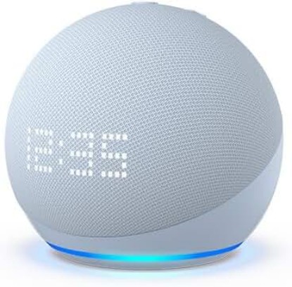 Picture of Amazon Echo Dot (5th Gen) with clock | Compact smart speaker with Alexa and enhanced LED display for at-a-glance clock, timers, weather, and more | Cloud Blue