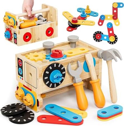 Picture of Lehoo Castle Kids Tool Set - Wooden Tool Set for Toddlers, Montessori Wooden Pretend Play Tool Box, STEM Toys for 2 Year Old Boy Gifts, Learning Development Toys for 2 3 4 5 Years Old