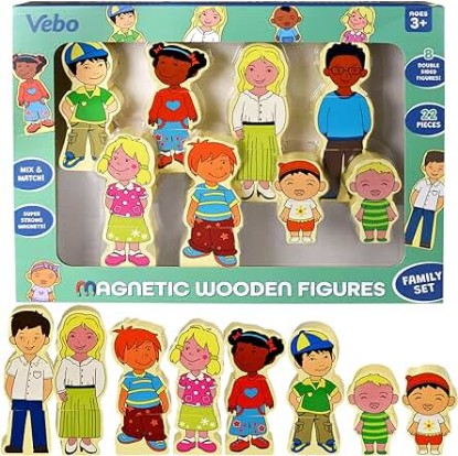 Picture of 22pc Wooden Magnetic Figures Set of 8 (16 Double Sided Characters) Mix & Match Family Set - Compatible with All Magnetic Tiles Sets - Educational STEM Building Toy Pretend Playset for Ages 3+