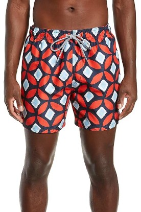 Picture of London Baker Ted Baker London Men's Sunfish Lined Geometric Printed Swim Shorts Trunks Size Medium Red