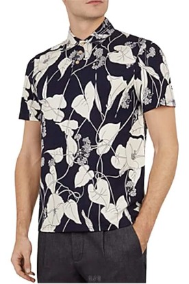 Picture of Ted Baker Men's Wilow Navy/White Tropical Floral Print Viscose/Nylon/Stretch S/S Polo Shirt (6-XXL)