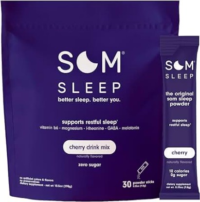 Picture of Som Sleep, Restful Calm Sleep Powder Drink Mix, 3mg Melatonin, Magnesium, Vitamin B6, L-Theanine, GABA – Vegan, Zero Sugar, Keto Friendly – Cherry, 30-Pack