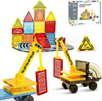 Picture of Magnetic Tiles STEM Construction Set,Magnetic Blocks Building Expansion Pack with Crane, Road Tracks, Train, Train Tracks, Dolls, Car Toy for Kids Boys Girls Age 3 4 5 6 7 8 ，Toy Gifts for Kids