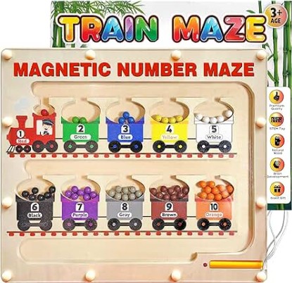 Picture of Panda Brothers Magnetic Color and Number Maze with Long Pen Handle, Color Learning Busy Board for Kids, Wooden Montessori, Fine Motor Skills and Educational Toys, Magnetic Maze Toys for Toddlers 1-3