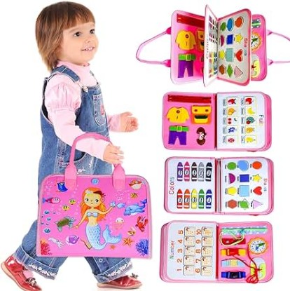 Picture of Busy Board Montessori Toys Busy Board for 3+Year Old Girl Birthday Gifts Busy Book for Toddlers 1-3 Preschool Learning Activities Sensory Toys for fine Motor Skills Travel Toys for Toddlers 3-5 Pink