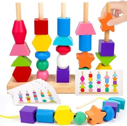 Picture of Montessori Toys for 2 3 4 Year Old Kid Boy Girl Toddler, Montessori Wooden Beads Sequencing Toy Set, Lacing Beads & Stacking Block & Matching Shape Stacker, STEM Preschool Learning Toy Birthday Gift