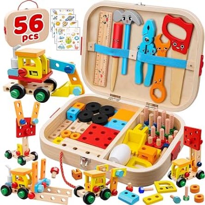 Picture of 56 Pcs Kids Tool Set for Toddlers, Montessori Educational STEM Toys, Construction Learning Toys with Tool Box, Wooden Building Kit for 3 4 5 6 7 8 9 10 Years Old Boys Girls Birthday Gift